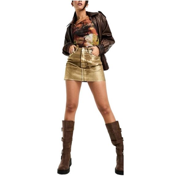 STRADIVARIUS Coated Mini Skirt Cotton In Gold Color Size 4. - Picture 8 of 9